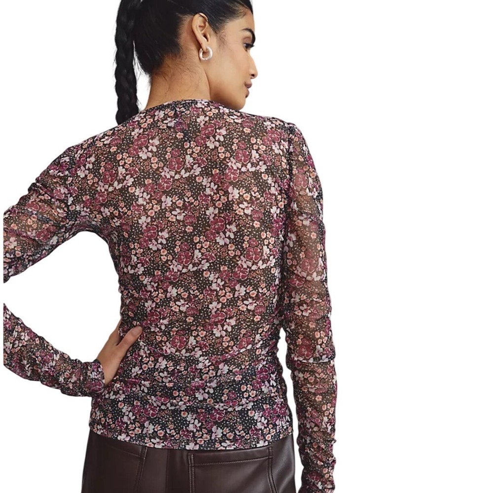 SHEIN Women Floral Mesh Mock Neck Long Sleeve Top Lettuce Trim Red Black XL
